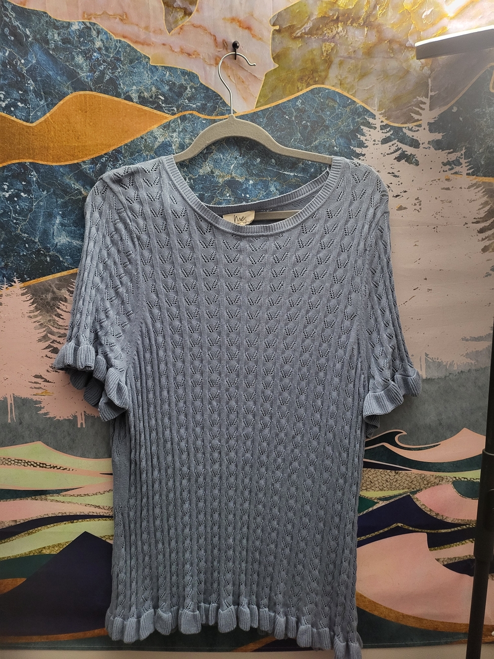 Light Blue Knit Ruffle-Sleeve Sweater Top